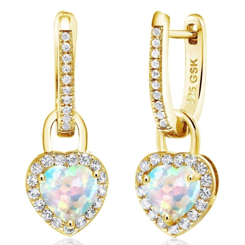 18K Yellow Gold 925 with 2.00 Cttw White Opal and White Sapphire Heart Earrings